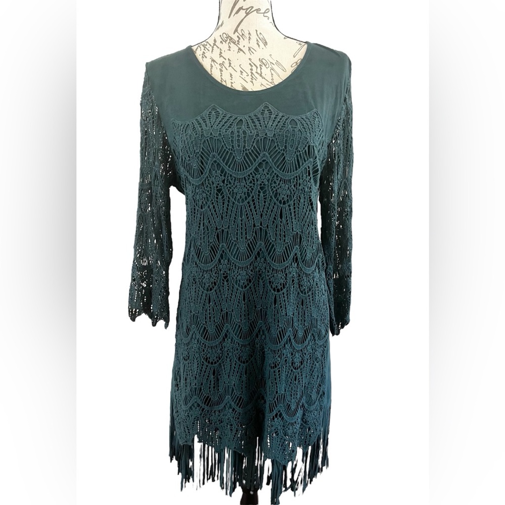 EUC Monoreno Teal Lace Fringe Midi Dress Overlay Sheath 3/4 Sleeve Medium Boho